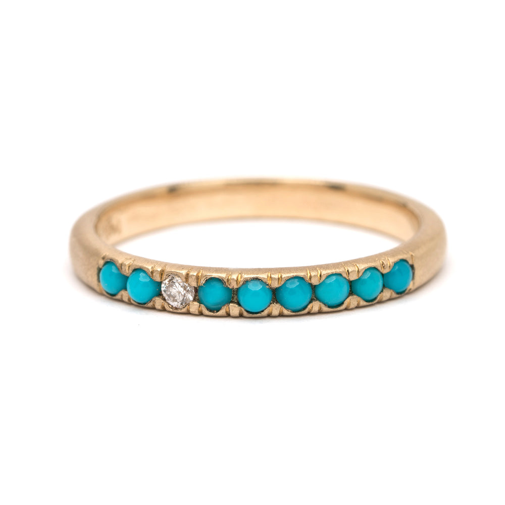 Vintage Inspired Stacking Band LF-R1-TD 14K yellow gold band with turquoise stones and a small diamond accent