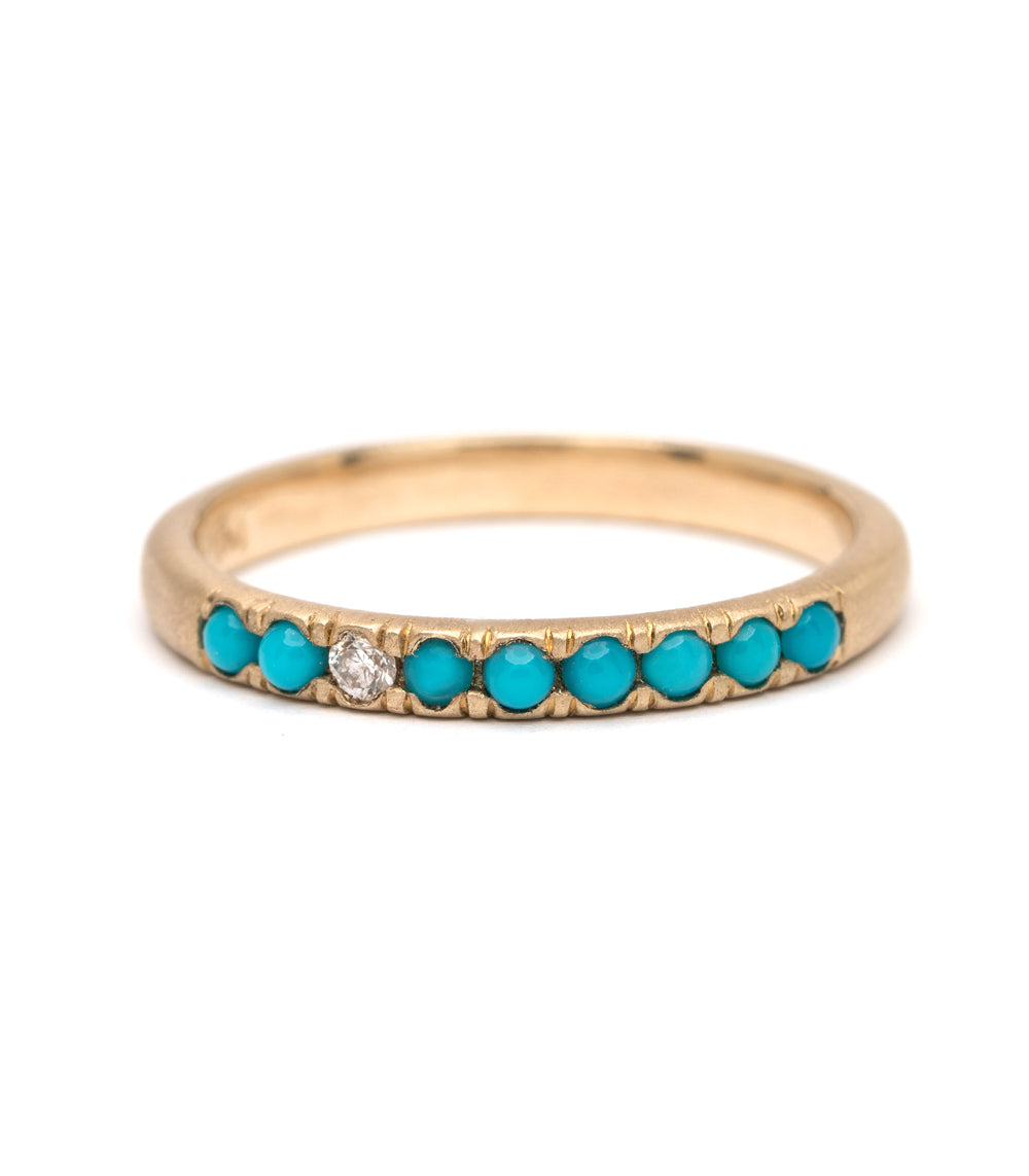 Vintage Inspired Stacking Band LF-R1-TD 14K yellow gold band with turquoise stones and a small diamond accent