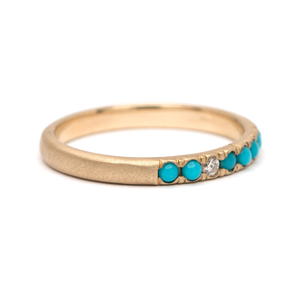Vintage Inspired Stacking Band LF-R1-TD ring in 14K yellow gold with turquoise bead stones, shiny