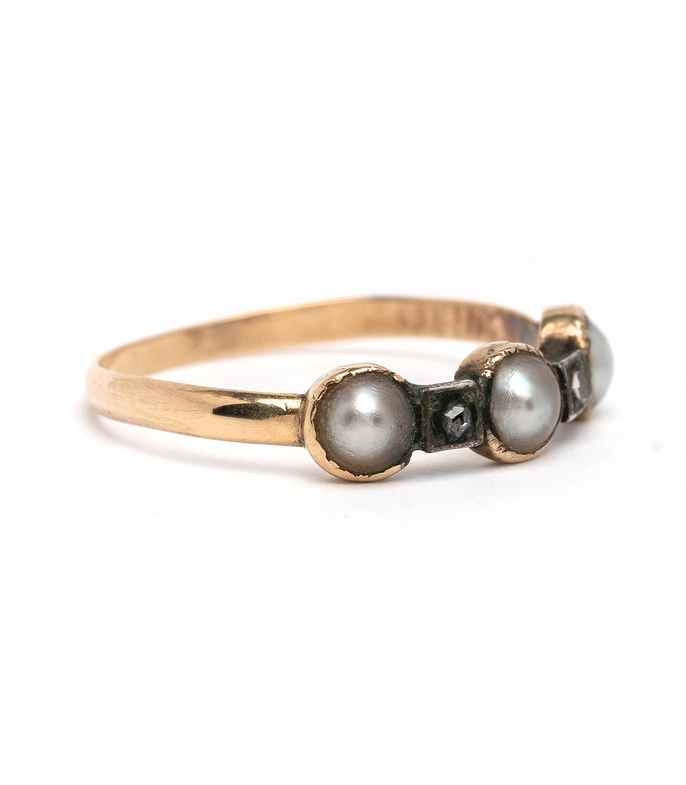 Pearl and Diamond Vintage Stacking Band I by VC-R165 gold ring with two pearls and diamond vintage setting