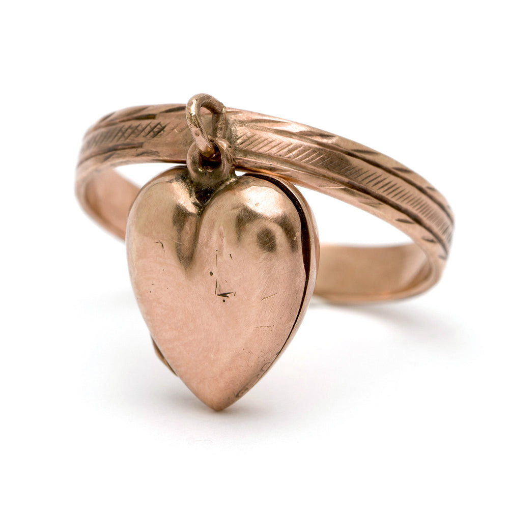 Dangling Heart Locket by VC-R121 heart locket ring in rose gold with engraved band detail