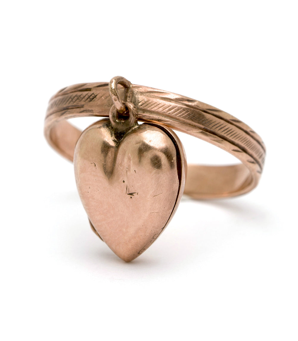 Dangling Heart Locket by VC-R121 heart locket ring in rose gold with engraved band detail