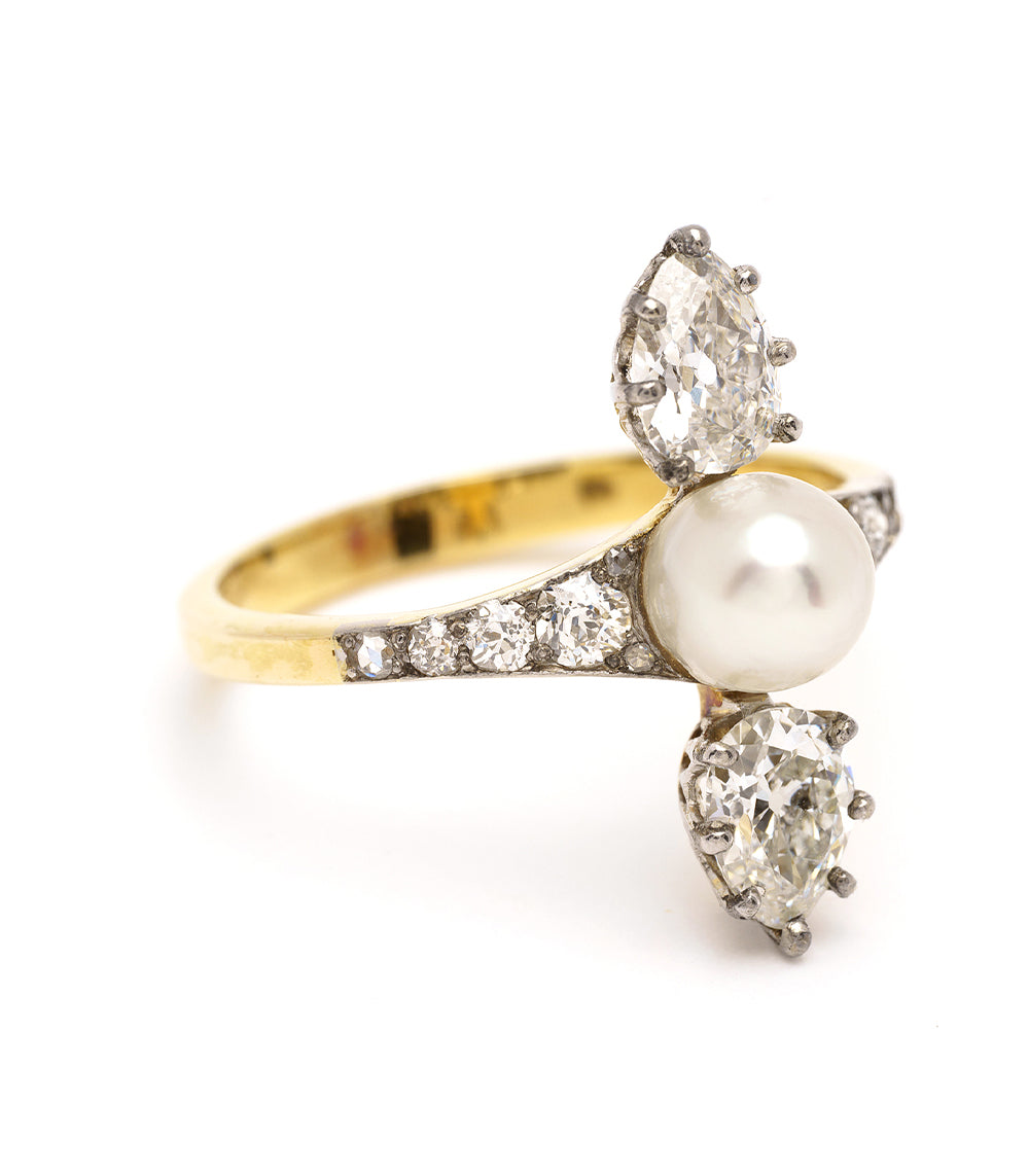 Belle of the Ball VC-R174 gold engagement ring with pearl center and three-stone diamond accents, understated