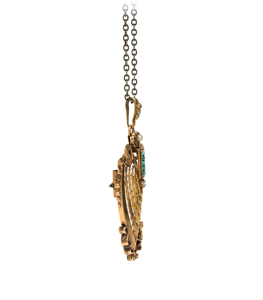 Badge d'Honneur Victorian Pendant by VC-N53 gold-tone filigree with pearl and teal bead detail on chain