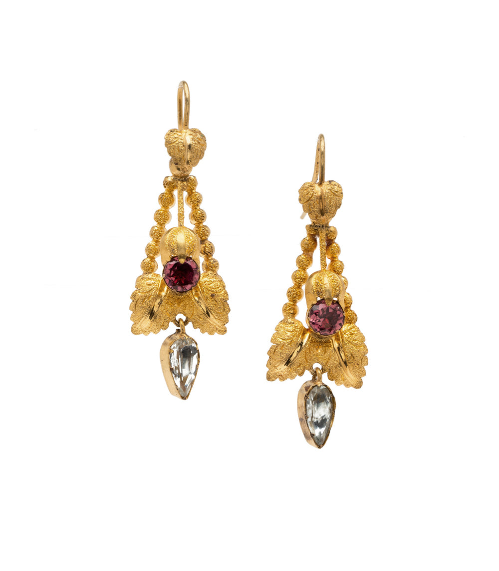 Victorian Garnet Aquamarine Dangling Earrings VC-E24 gold earrings with purple garnet and clear aquamarine drops