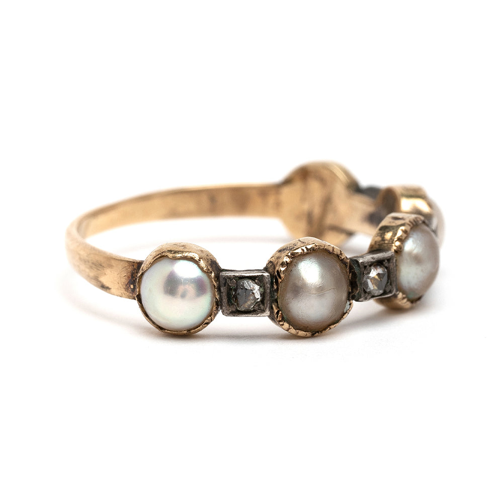 Pearl and Diamond Victorian Stacking Band II by VC-R166, gold ring with two pearls and tiny diamonds, vintage look