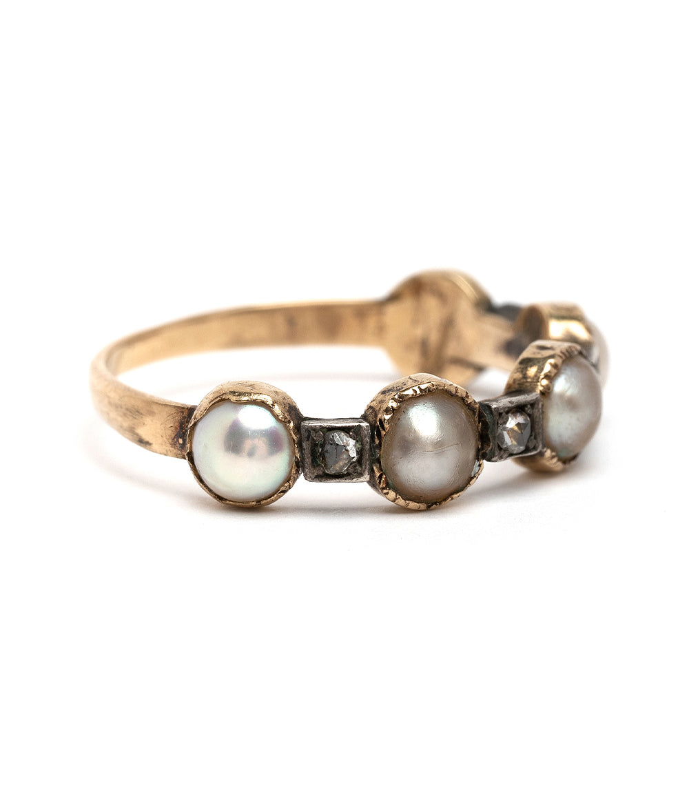 Pearl and Diamond Victorian Stacking Band II by VC-R166, gold ring with two pearls and tiny diamonds, vintage look