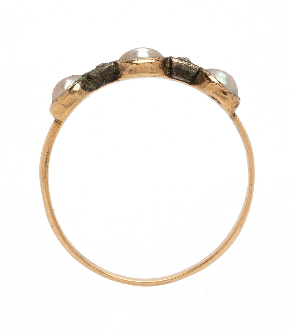 Pearl and Diamond Vintage Stacking Band I VC-R165 gold band with lustrous pearls and dark vintage setting