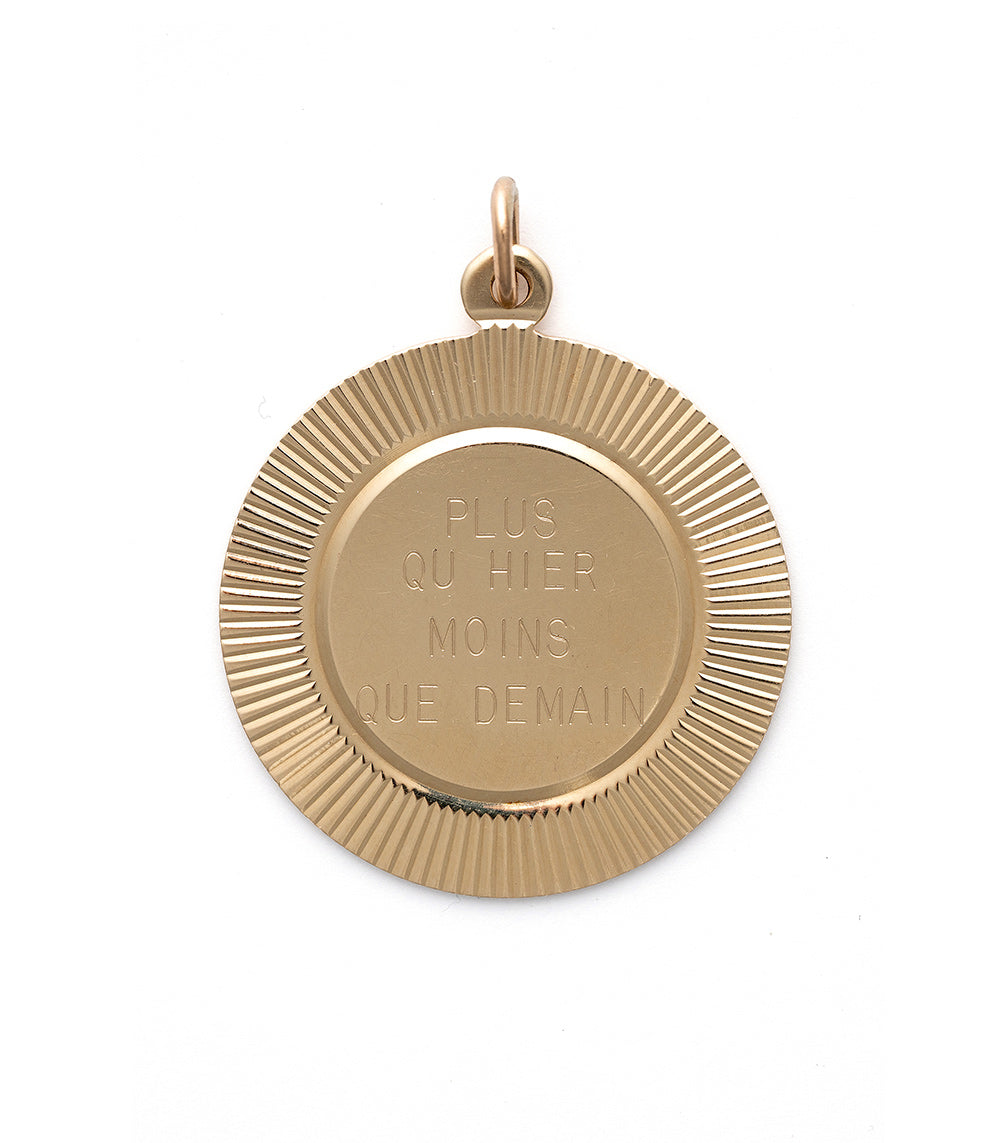 More Than Yesterday Less Than Tomorrow Charm by VC-P16 in gold with round engraved text and bail