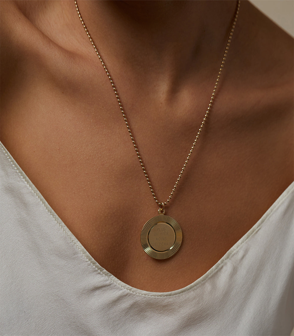 More Than Yesterday Less Than Tomorrow Charm by VC-P16 gold necklace charm with round engraved pendant