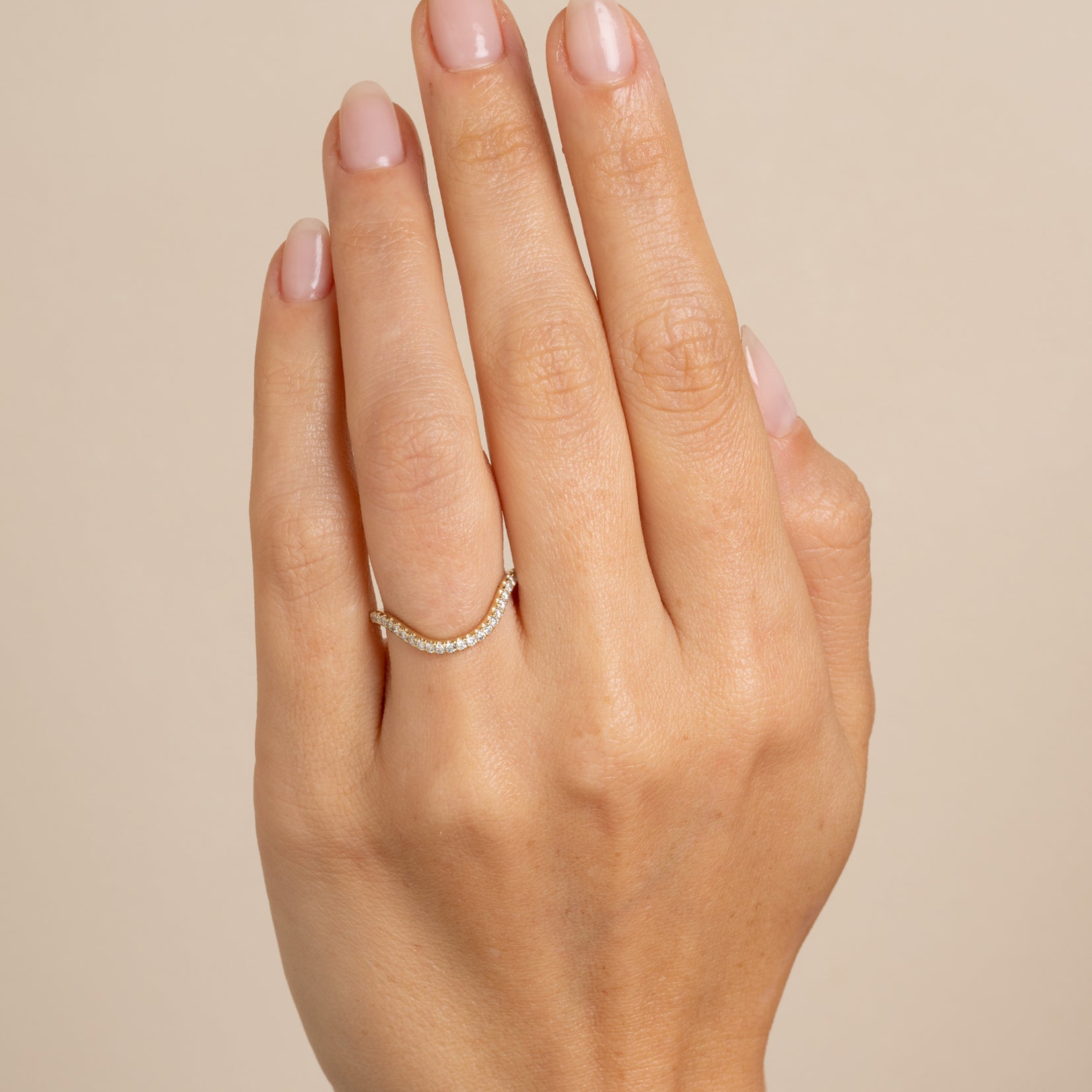 The Bold Beau Band by A-R43-Demi, shiny 14K yellow gold engagement ring band with curved sparkle