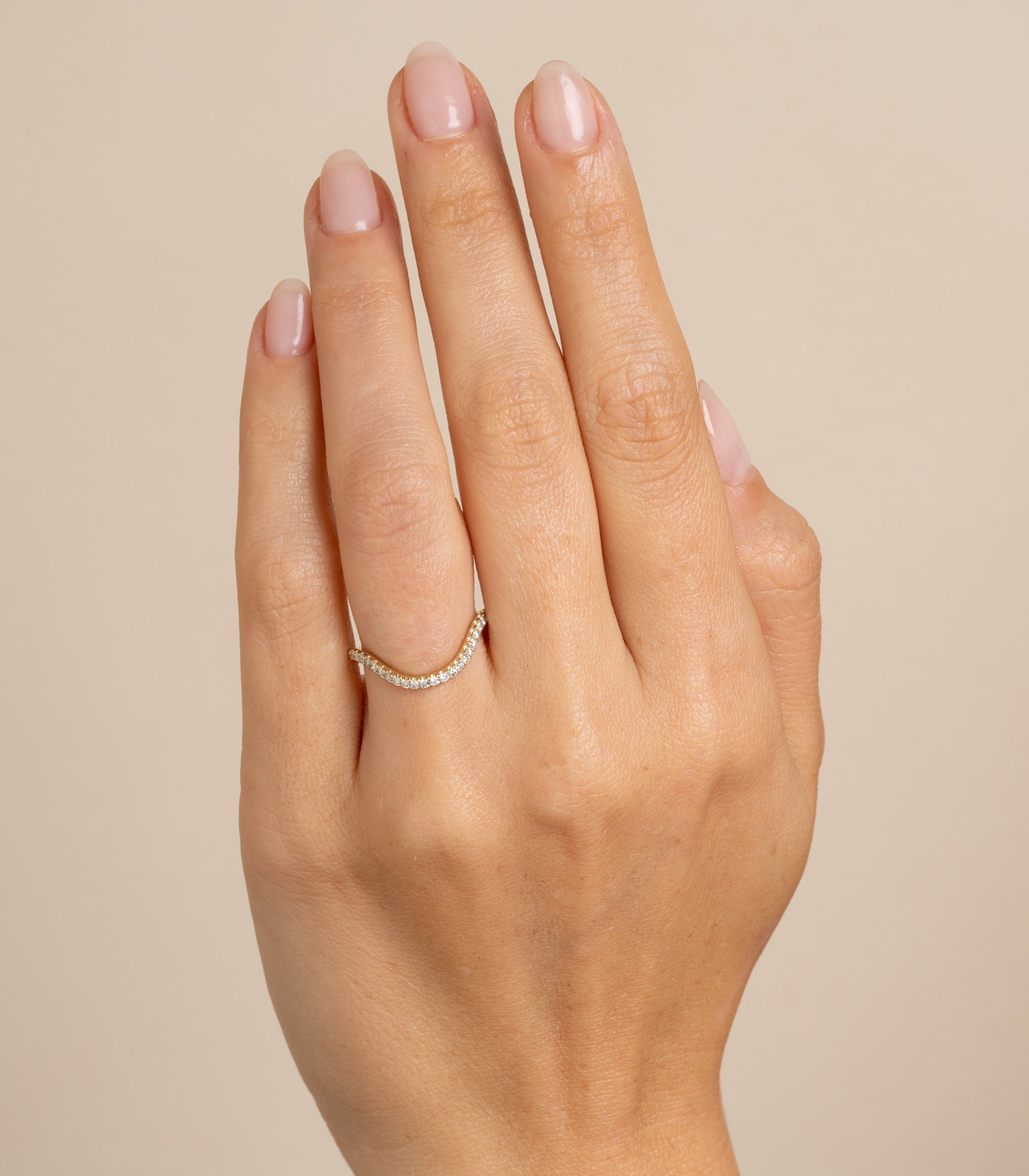 The Bold Beau Band by A-R43-Demi, shiny 14K yellow gold engagement ring band with curved sparkle