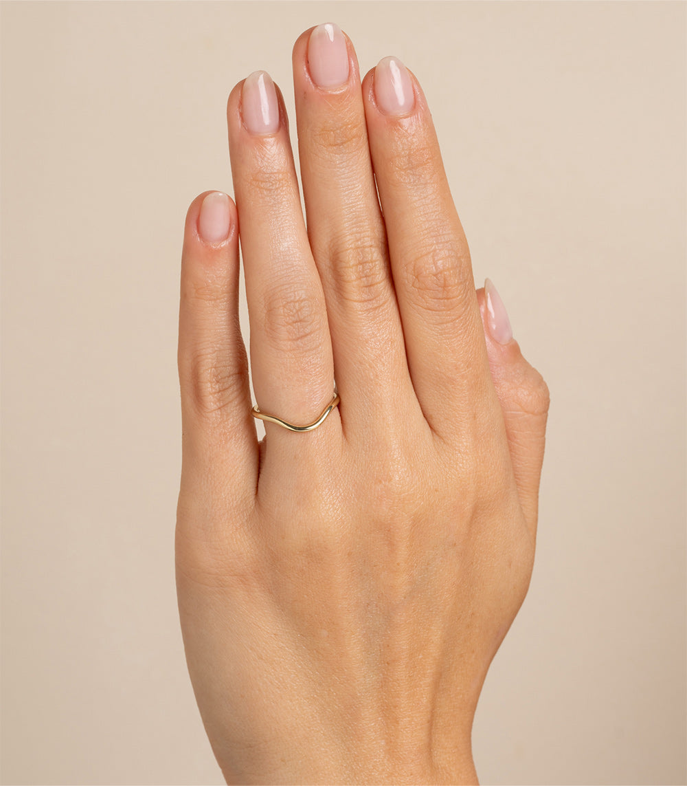 Mini Beau Band by A-R31 14K yellow gold shiny slim band ring with smooth rounded profile on finger