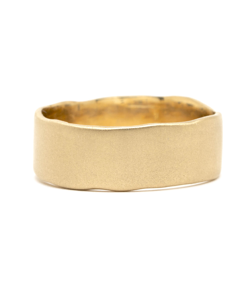 Torn Paper Band by P-R3-Engr in matte 14K yellow gold, understated torn-paper style band