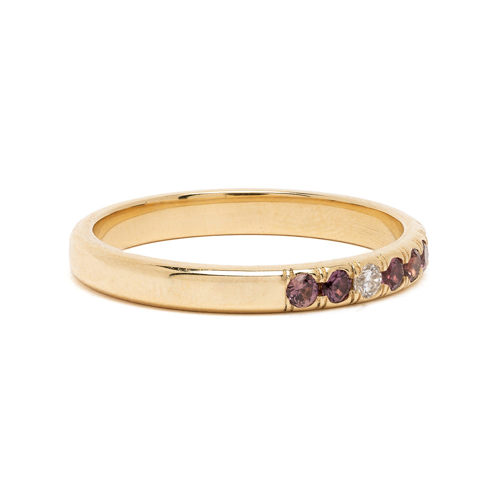 Vintage Inspired Stacking Ring LF-R1-MS shiny yellow gold band with purple stones and one clear accent
