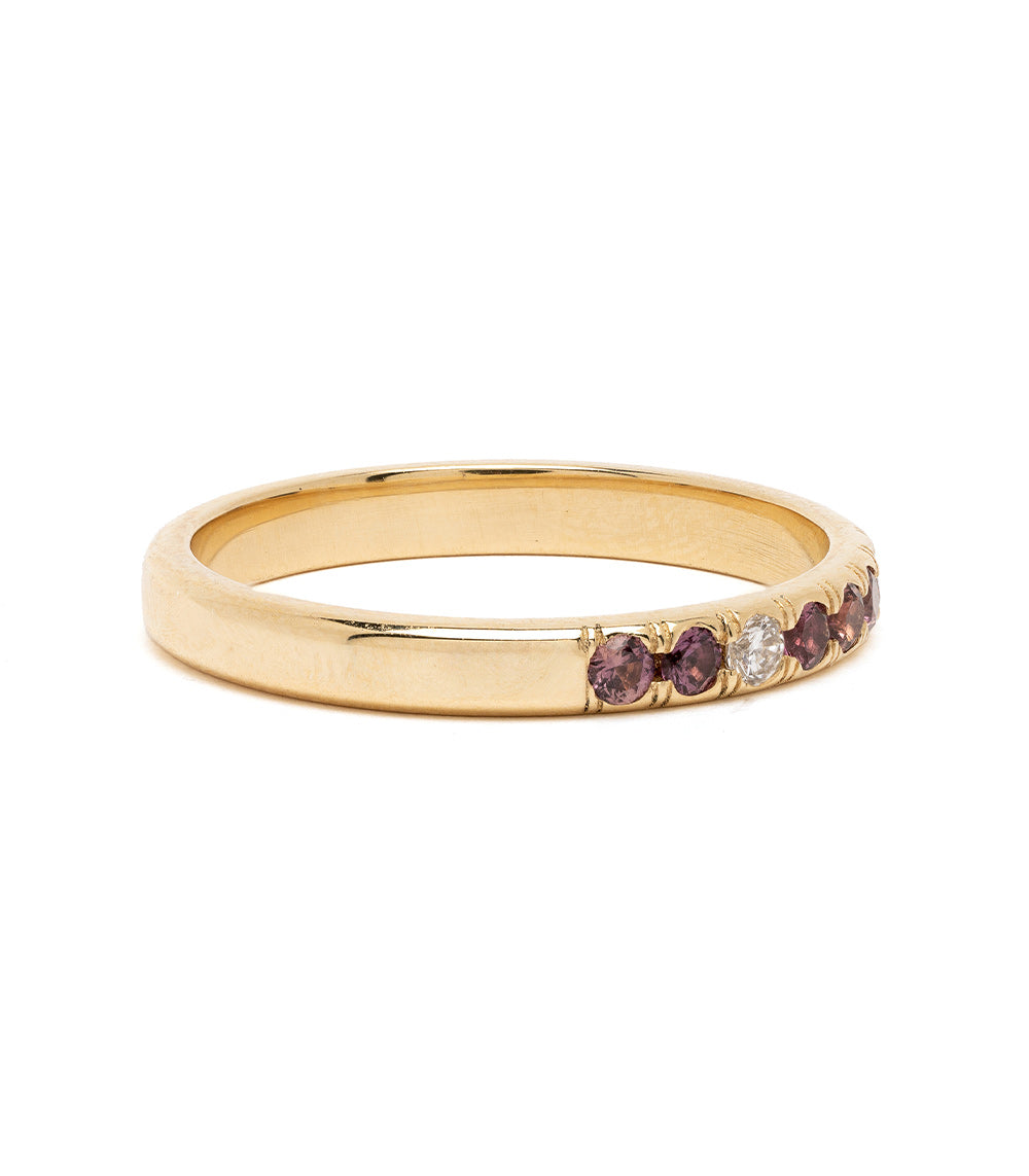 Vintage Inspired Stacking Ring LF-R1-MS shiny yellow gold band with purple stones and one clear accent