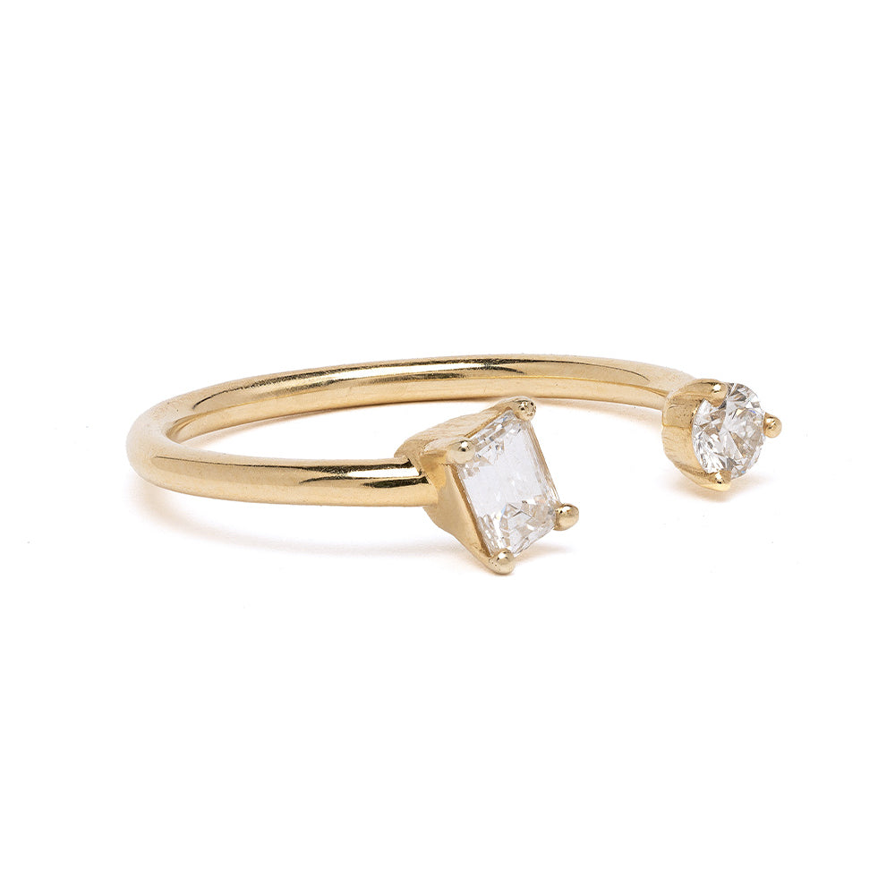 Lunetta A-R38-R-EC unique engagement ring in 14K yellow gold with 2 stone engagement ring asymmetrical setting