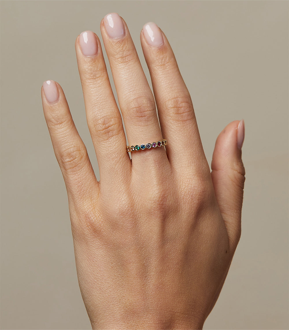Rainbow Bezels EB-R17-RS ring band in 14K yellow gold with multicolor bezel-set stones, shiny and understated