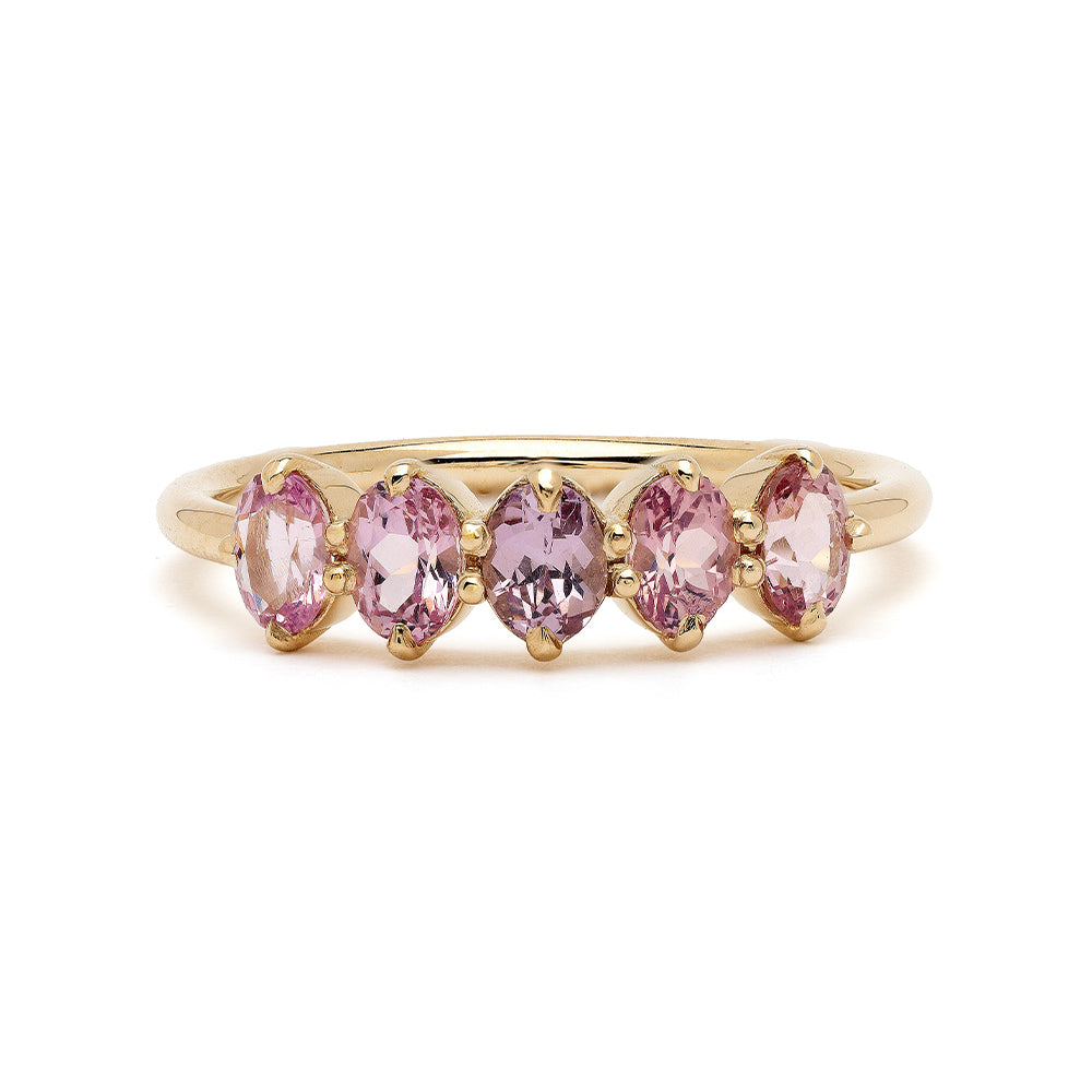 Claudette Gemstone Stacking Band by SK-R68B-5-OB-PS-0.99, slim gold band with five pink oval gems