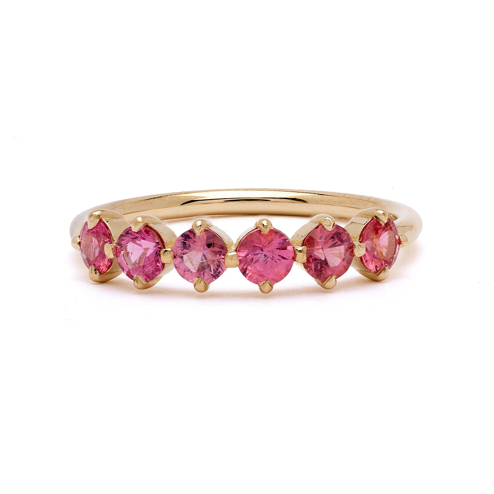 Claudette Gemstone Stacking Band by SK-R68B-6-RB-PS-0.69, gold band with pink oval gemstones.