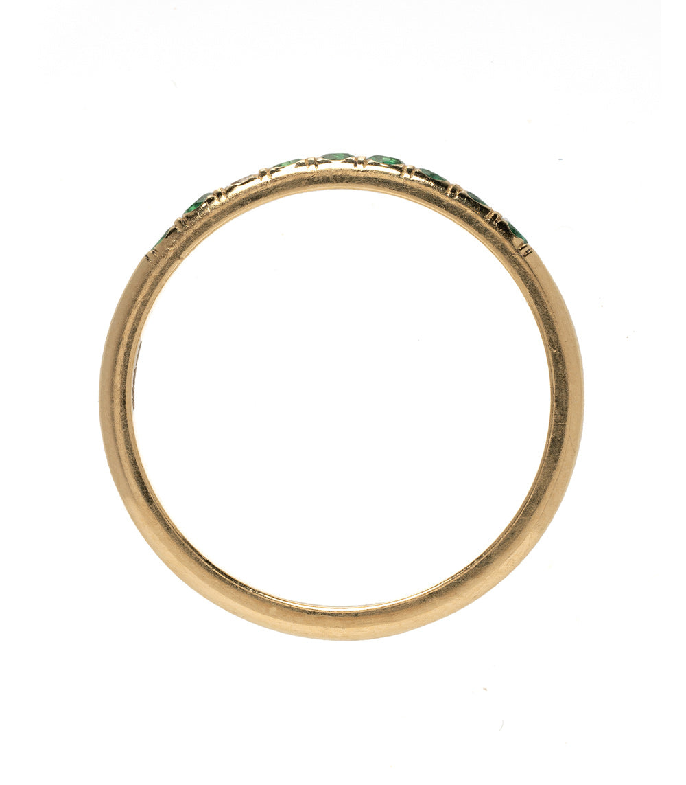 Vintage Inspired Stacking Band LF-R1-ES 14K yellow gold band with small green stones, shiny finish
