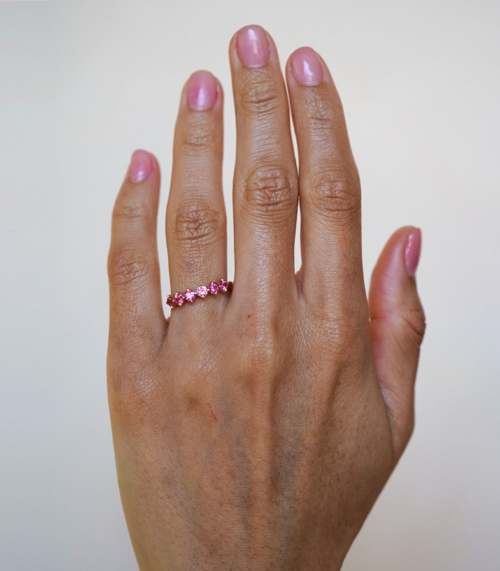 Claudette Gemstone Stacking Band by SK-R68B-7-RB-PS-0.82, pink gemstone ring set in gold on hand