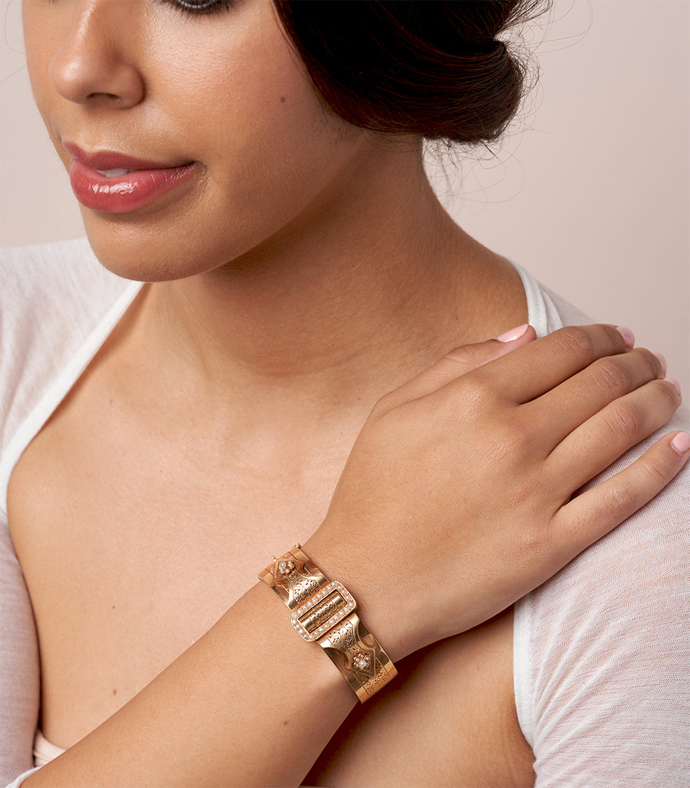 French Victorian Pierced Cuff VC-B7 gold-tone cuff bracelet with geometric cutout detailing and sparkling stones