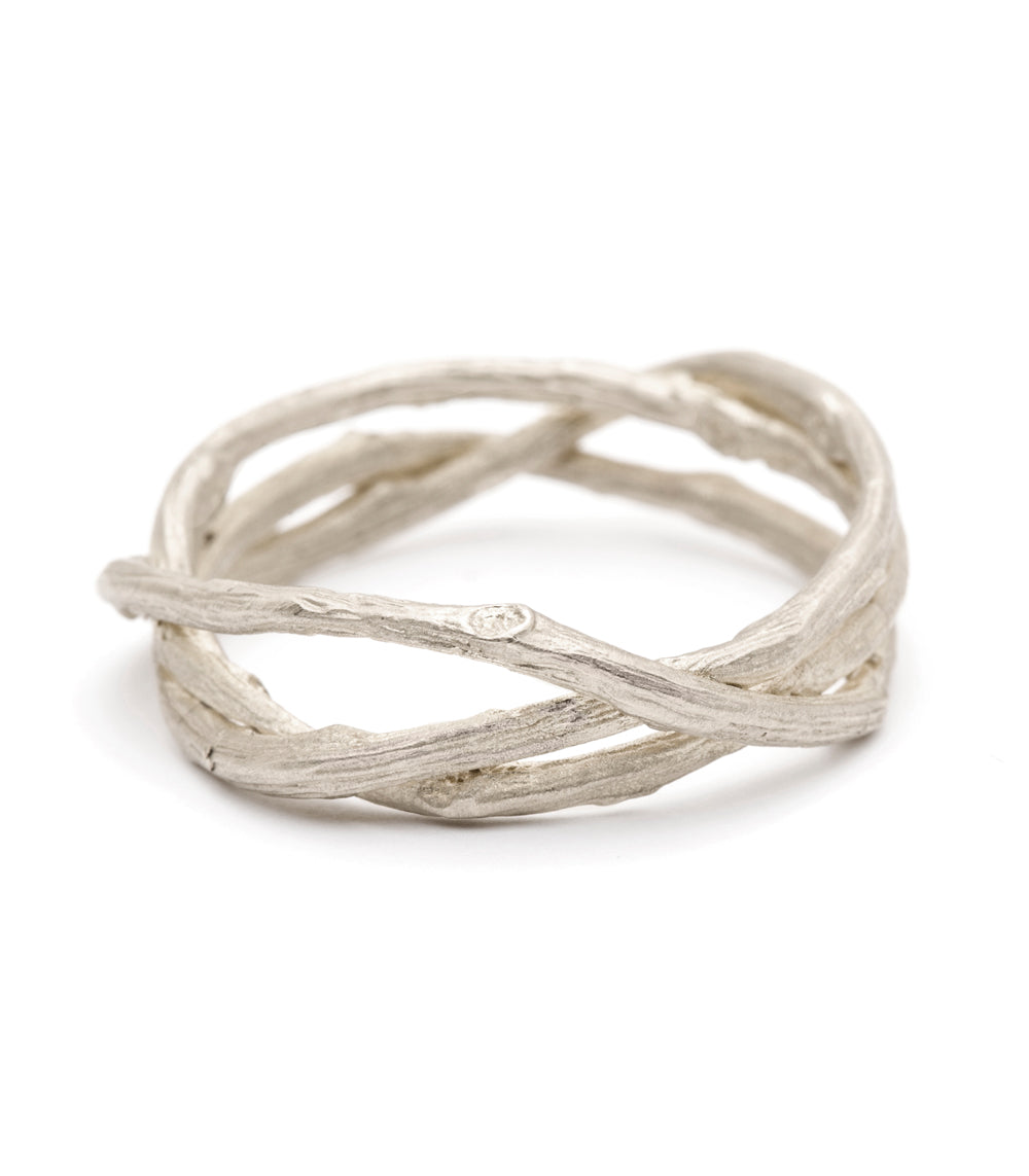 Woven Branches by M-R5 woven ring band in silver, shiny matte finish with twisted branch design