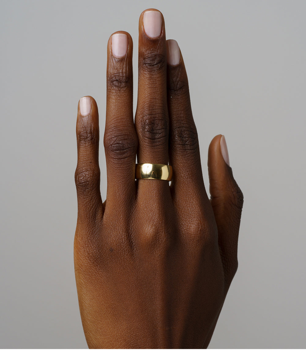 Essential Band 8MM SB-R21 shiny gold band ring, 8mm width shown on finger